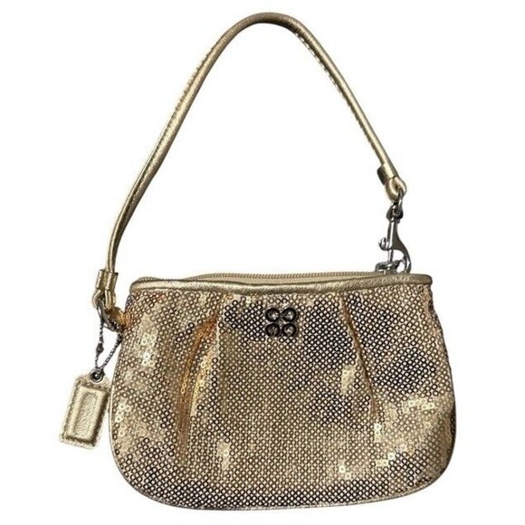 COACH 44509 Gold Sequin Wristlet Mini Zip Wallet Evening Event Party 6.5”X4” Y2K - Picture 1 of 9